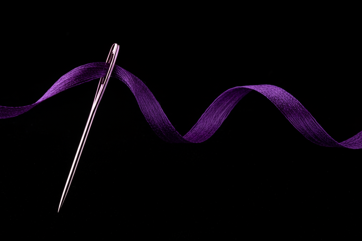 Image d'une aiguille violette avec un fil violet sur fond noir